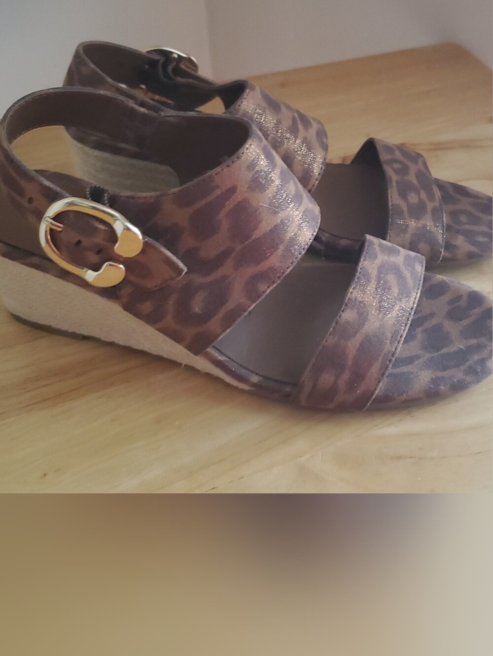 AEROSOLES Leopard-Print Wedge Sandals in Brown with Gold Buckle